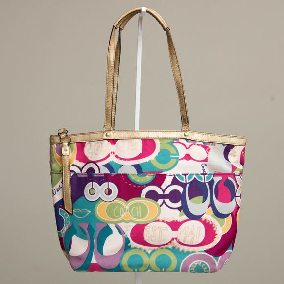 Coach Poppy Pop Graffiti Glam Tote Bag Signature Zip Closure Colorful Gold Trim - Picture 5 of 7